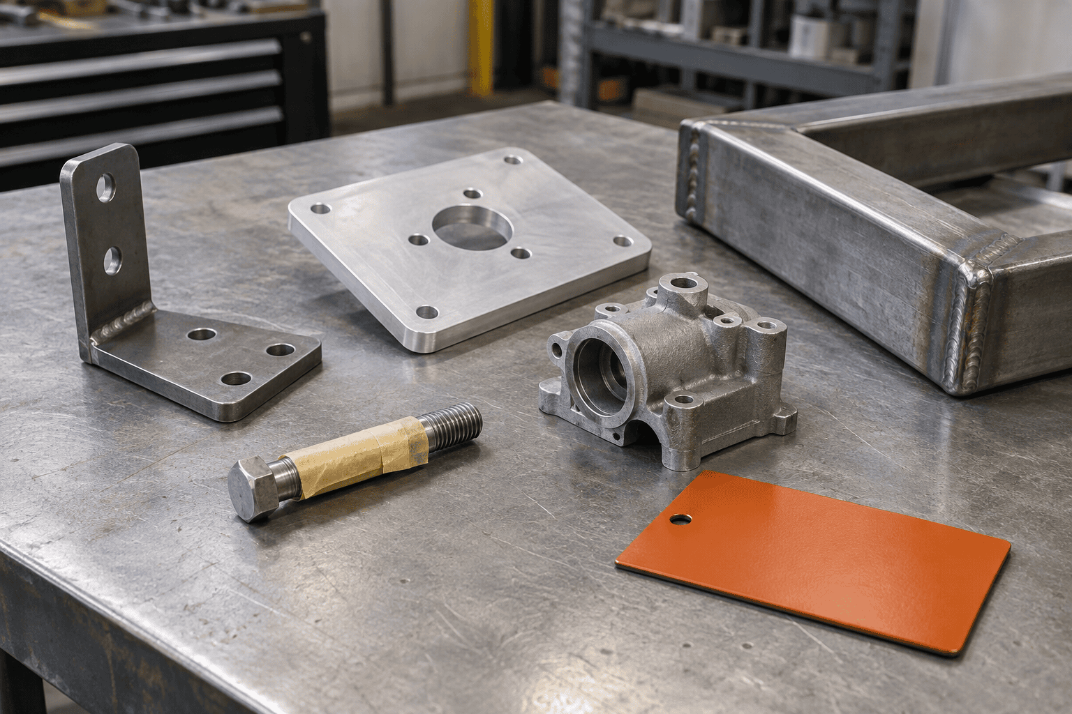 Custom metal project candidates for powder coating Steel, aluminum, cast metal and welded parts arranged for a powder coating suitability review