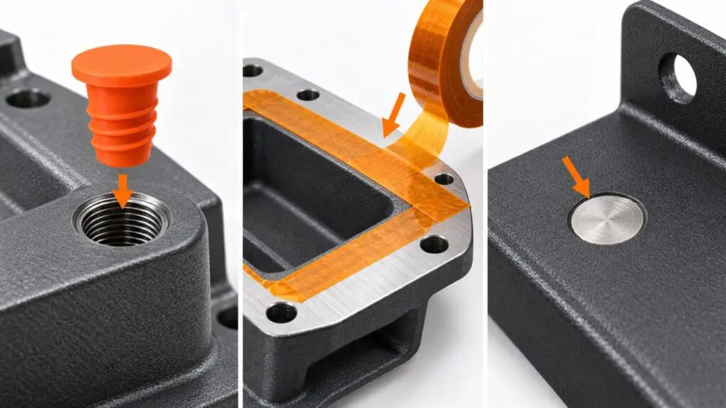 Three powder-coating masking examples showing a threaded hole, mating surface, and grounding point.