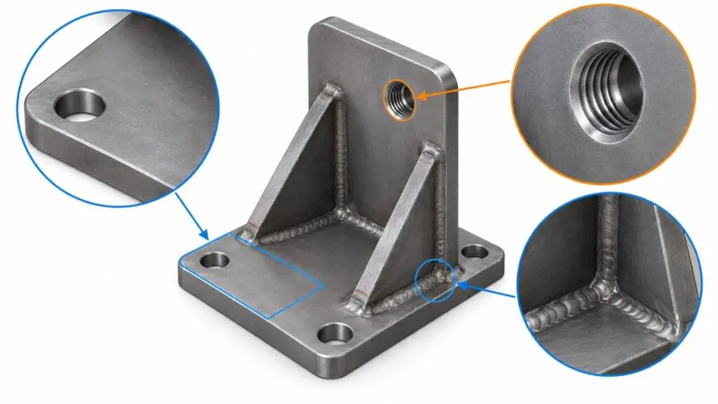 Welded steel bracket diagram highlighting a mounting face, threaded hole, and inside corner.