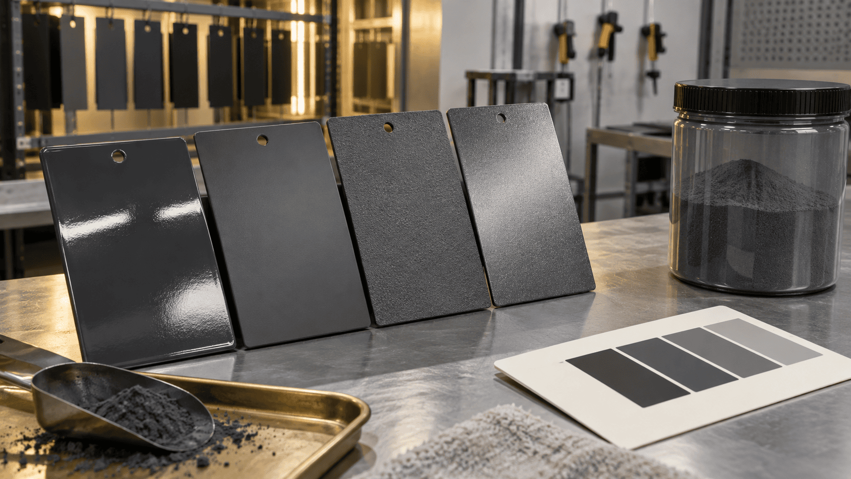 Powder coating color, gloss, and texture samples Four dark gray powder-coated sample panels showing gloss, matte, fine-texture, and metallic-looking finishes.