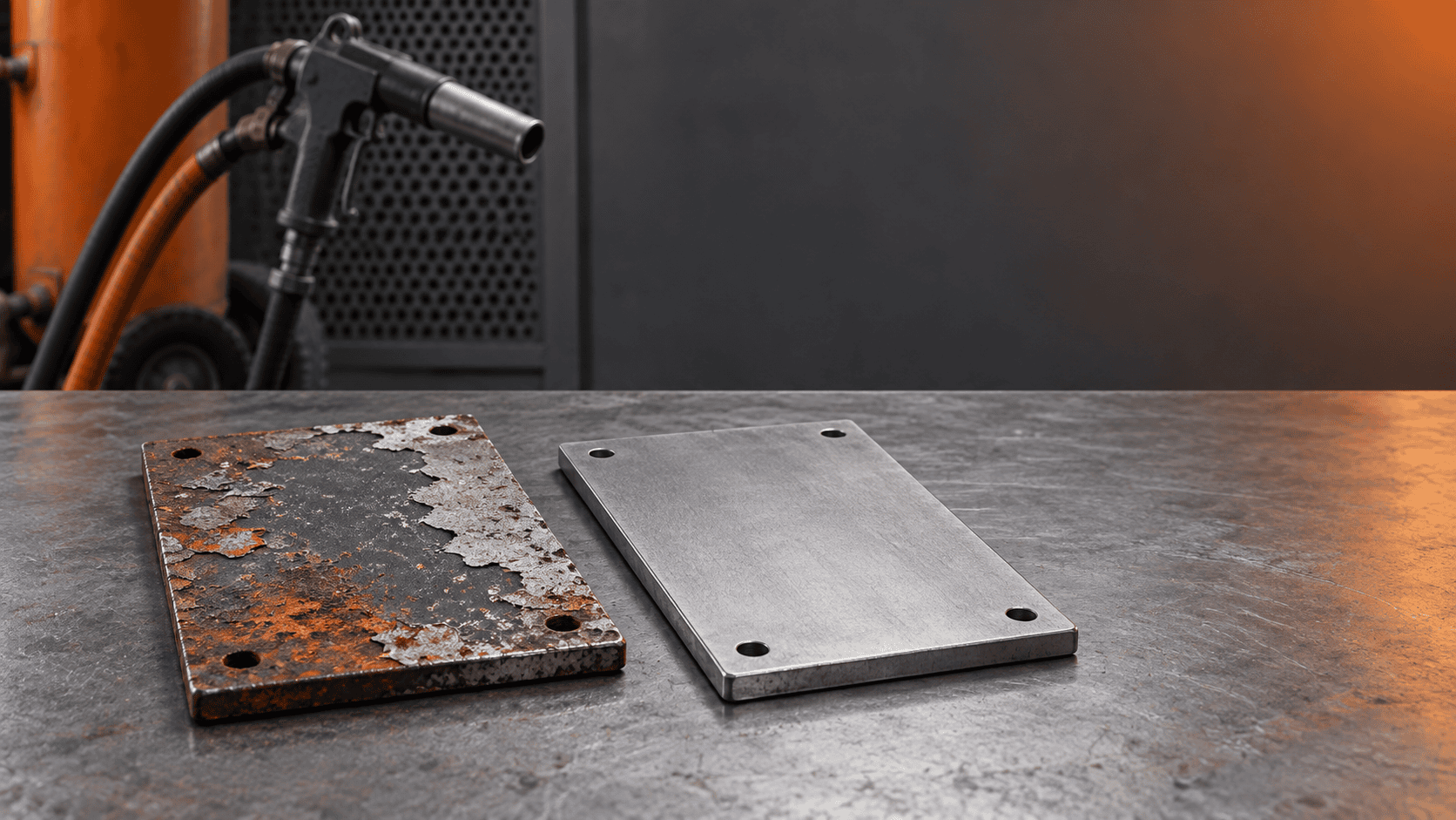 salt-city-blasting-decision-featured Illustration of a rusty coated steel plate beside a clean metal plate, showing two possible starting conditions for powder coating preparation
