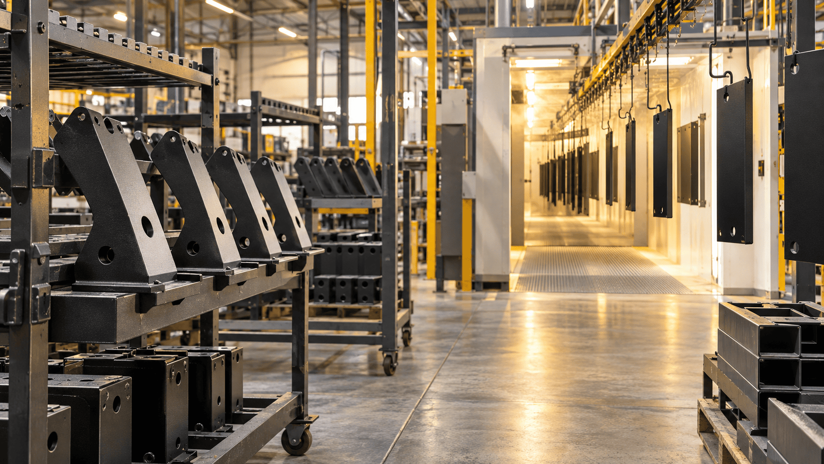 domestic-metal-finishing-feature Powder-coated steel components staged beside a modern domestic coating line.