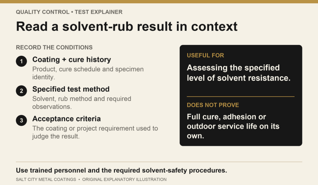 MEK solvent-rub record checklist and a reminder that solvent resistance alone does not prove full cure, adhesion or outdoor life.