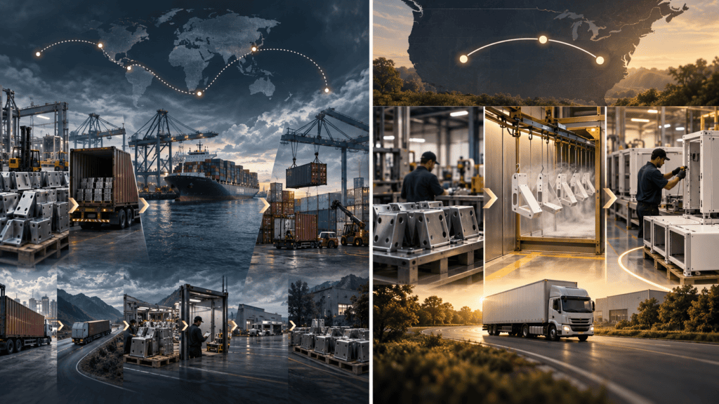 Illustration comparing a long overseas finishing route with a shorter domestic manufacturing and coating route.
