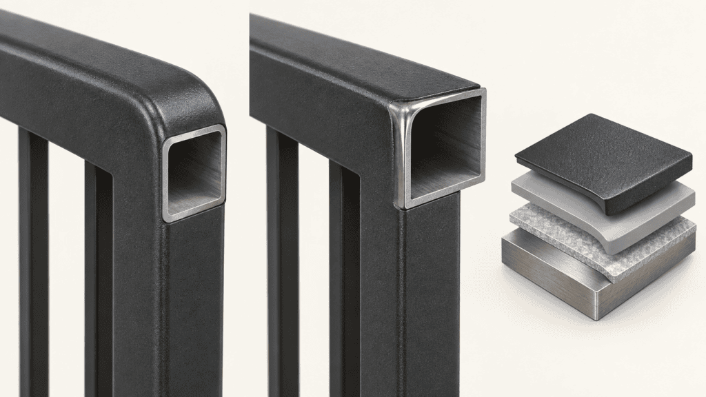 Comparison of rounded and sharp railing edges with coating coverage and an optional layered coating system