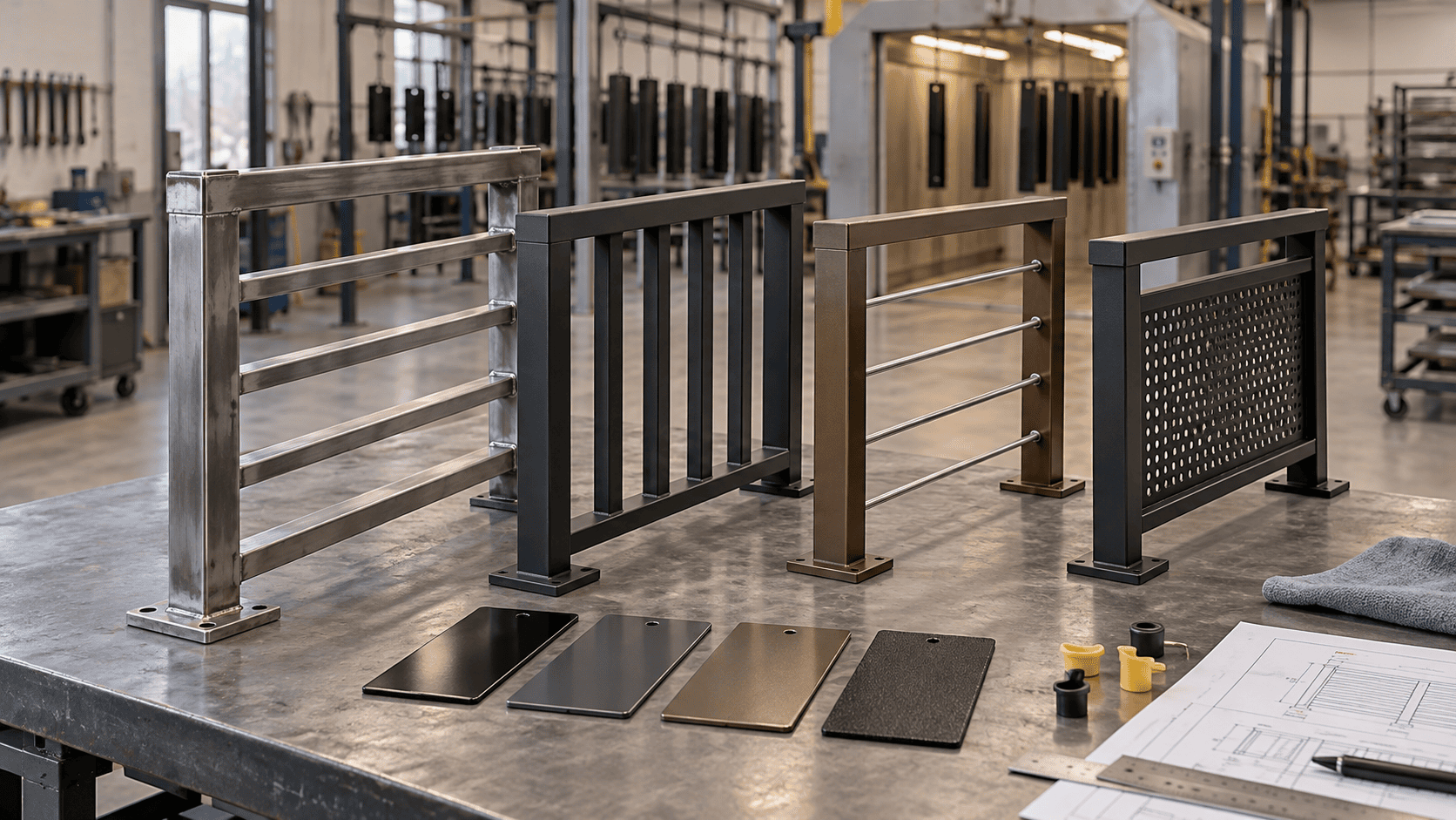 powder-coated-railing-finish-specification-featured Railing samples with black, gray, bronze, and textured powder-coat finish coupons