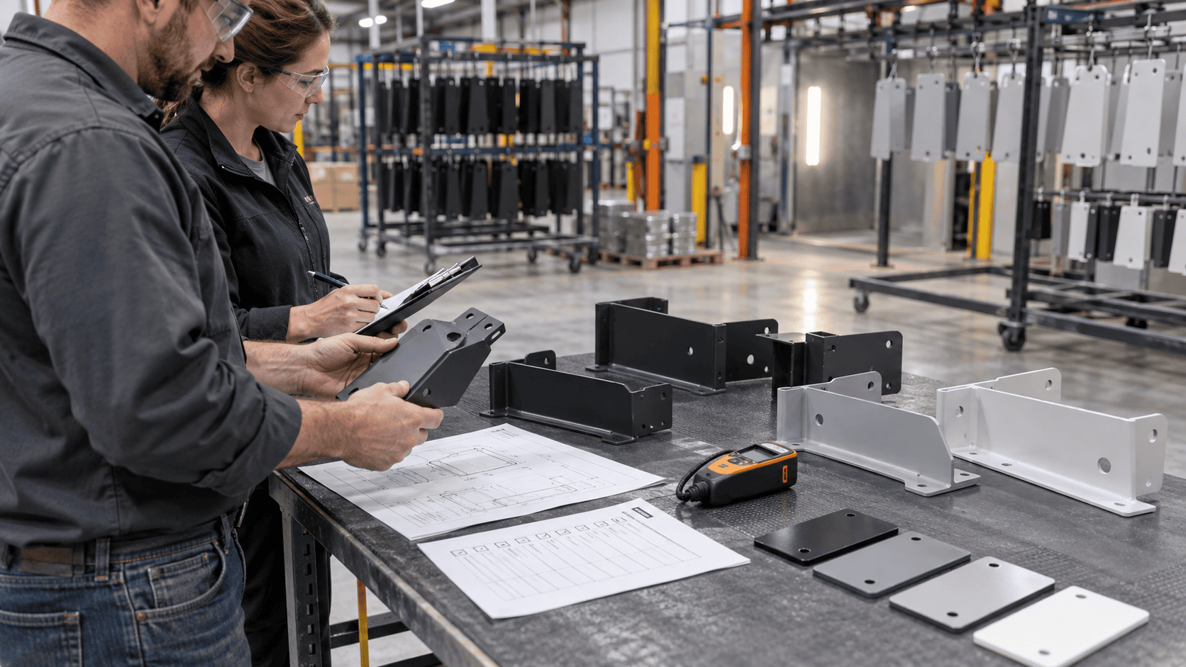 qualify-us-metal-finishing-supplier-featured Manufacturing team reviewing powder-coated parts, drawings, and inspection equipment at a U.S. finishing facility