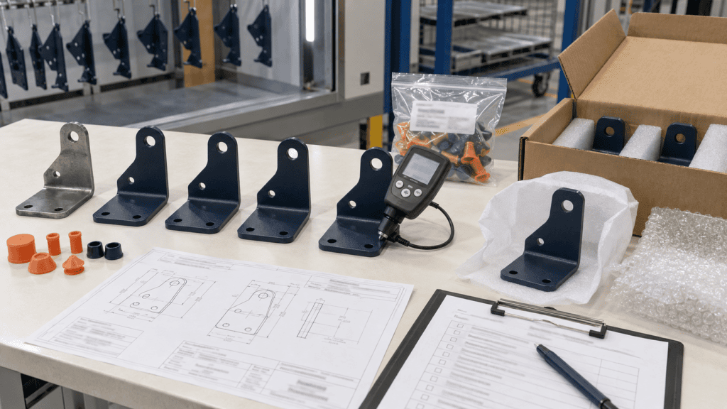 Metal finishing qualification trial with coated brackets, thickness gauge, masking components, drawing, and protective packaging