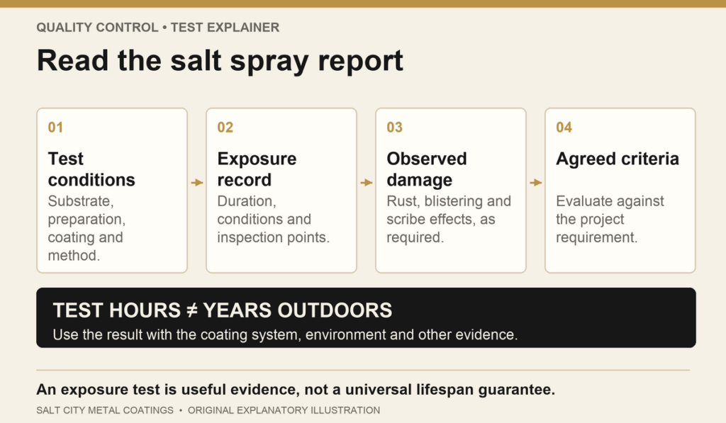 Four parts of a salt-spray report: test conditions, exposure record, observed damage and agreed criteria, with no hours-to-years conversion.