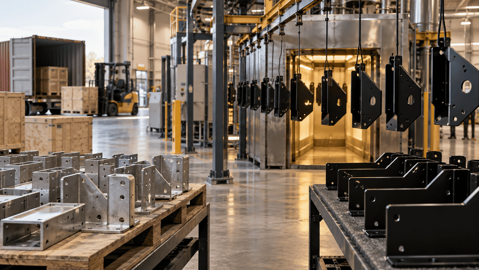us-metal-finishing-featured Unfinished metal components moving through a modern U.S. powder-coating production line.
